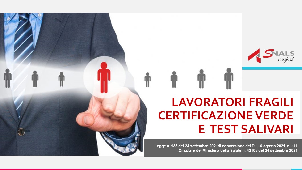 LAVORATORI FRAGILI, CERTIFICAZIONE VERDE E TEST SALIVARI  SCHEDE DELLE NOVIT AGGIORNATE AL 6 OTTOBRE